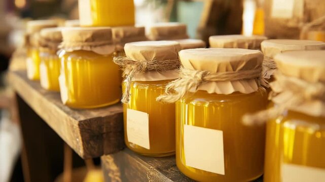 A variety of beautifully packaged honey jars line a rustic wooden shelf at a vibrant market, creating an inviting atmosphere