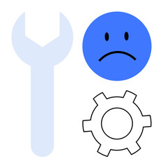 Blue sad face with a wrench and gear symbol highlighting mechanical issues, system failures, or technical maintenance. Ideal for troubleshooting, workflow optimization, engineering, support tools
