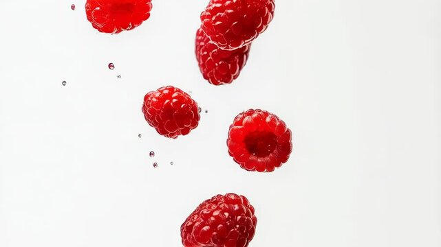  Fresh Raspberries with Water Droplets - Healthy Food. Bright, fresh raspberries with water droplets against a clean white background. This image is ideal for health food, recipe