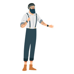 Man hipster beard glasses hat tattoo suspenders braces flat