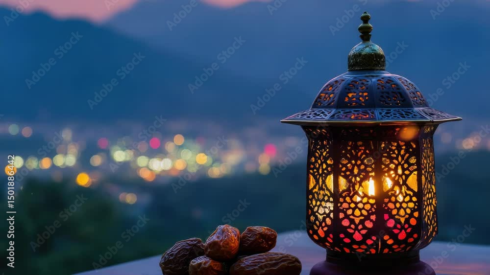 Poster a lit lantern and a plate of dates on a table, perfect for a romantic dinner or as a centerpiece