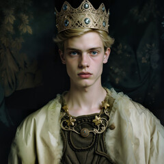 Ethereal young man in antebellum gothic portrait, wearing a delicate crown and luminous vintage attire, soft romanticism aesthetic with dreamy diffused lighting
