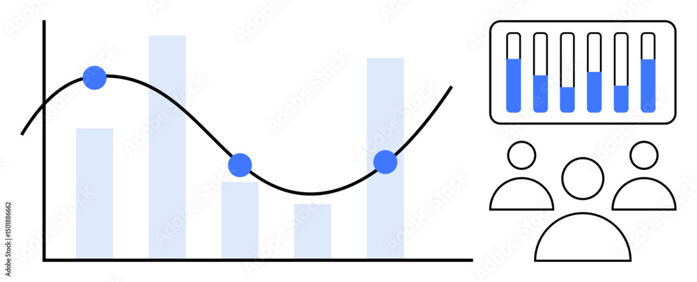 Poster graph with trendline and data points, bar chart with comparison metrics, team icons for collaboratio