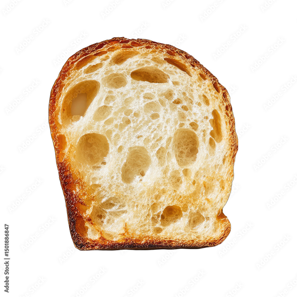 Poster a single slice of sourdough bread with large air pockets and a golden crust on a black background is