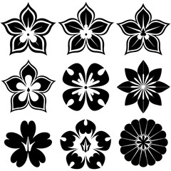 Set of nine different black flower silhouettes including rose, tulip, daisy, and orchid designs, arranged in a grid pattern on a white background, emphasizing floral variety.