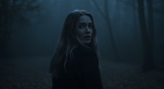Terrified Woman Alone in Misty Forest at Night with Dramatic Lighting