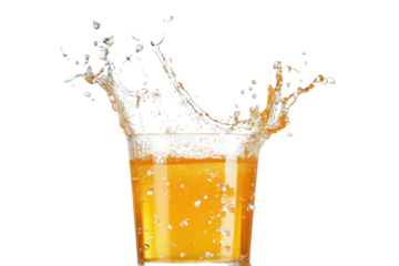 Orange splash A liquid explosion in a glass frozen in time against a stark white background