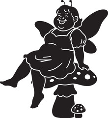 Plus size fairy on mushroom silhouette, Happy fairy sitting magical design