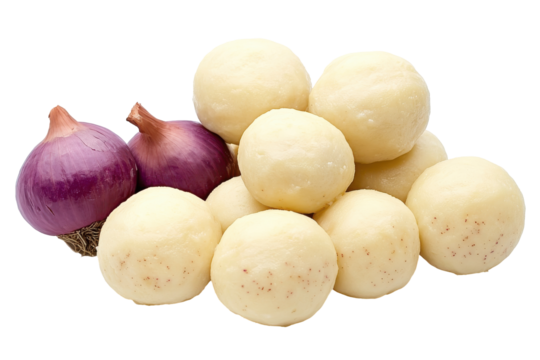 Onions  Dumplings Red onions nestle alongside round doughy dumplings against a stark white background