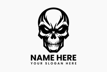 Menacing black and white skull vector logo with piercing eyes and clean negative space. Edgy design emblem  