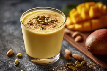 glass of mango lassi with nuts
