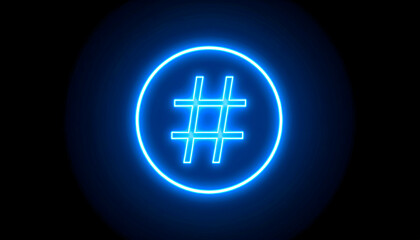 Fototapeta premium Bright Blue Neon Hashtag in Circle on Black Background
