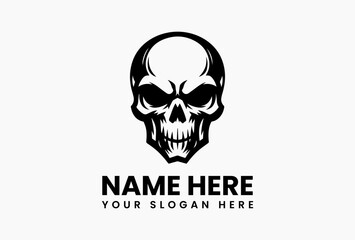 Menacing black and white skull vector logo with piercing eyes and clean negative space. Edgy design emblem  