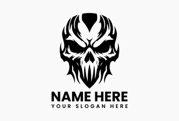 Menacing black and white skull vector logo with piercing eyes and clean negative space. Edgy design emblem  