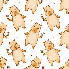 Seamless pattern with cute сartoon capybara with flower on white  - funny animal background for Your happy summer design
