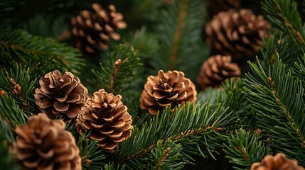 Close-up of pine cones and evergreen branches.
