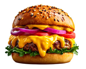 A juicy cheeseburger with melting cheese and toppings, isolated on transparent background