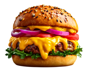 A juicy cheeseburger with melting cheese and toppings, isolated on transparent background