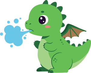 Obraz premium Cute green baby dragon breathing blue fire vector illustration in cartoon style for children designs 
