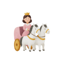 Royal Carriage: A whimsical illustration of a princess in a carriage pulled by two horses, perfect for a children's tale. 