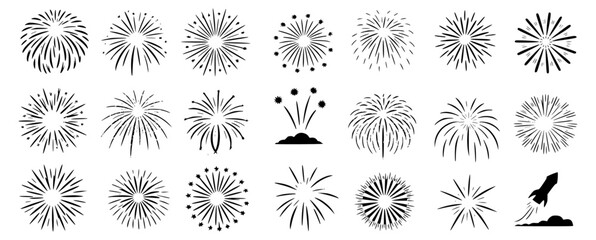 Set of Firework Explosion Vector Icons in Various Styles, Ideal for Celebration, Festival, Party, Holiday, and New Year Event Design Projects
