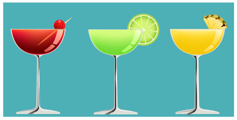 3 colors cocktails with cherry, lime and pineapple