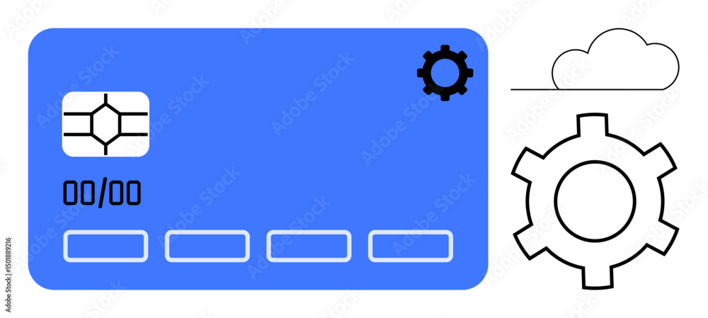 Poster blue digital payment card with gear icons symbolizing customization and security adjacent cloud and 