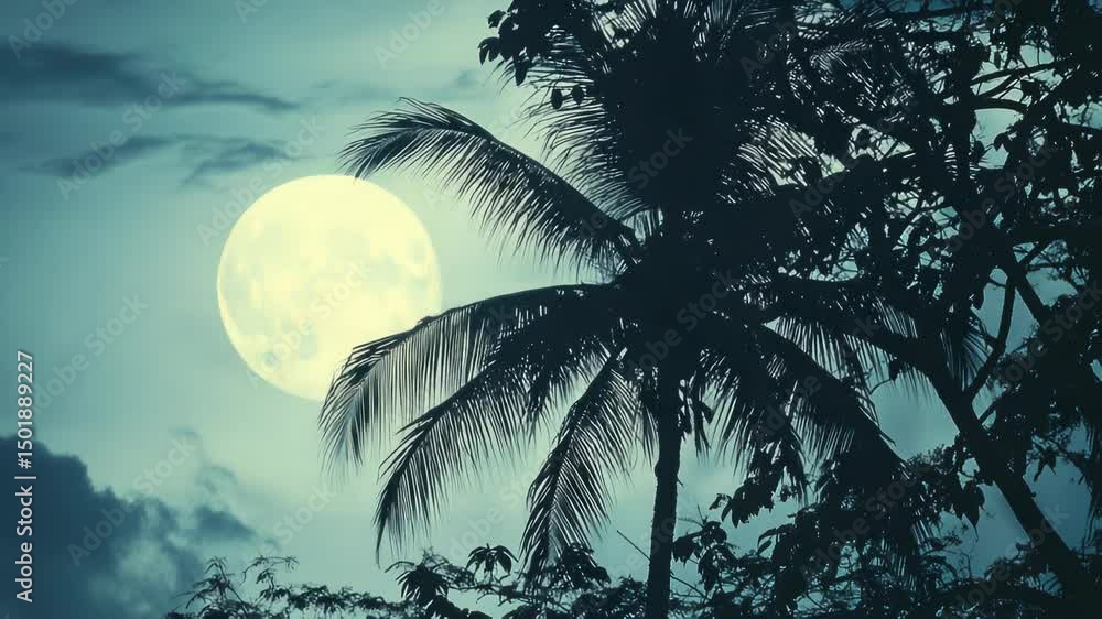 Poster a palm tree with a full moon shining behind it, a serene and peaceful scene