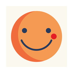 Happy orange smiley face illustration with a red blush and dark blue eyes on a cream background