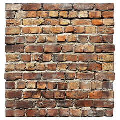 Obraz premium A full frame shot of an old brick wall with a variety of red and brown colored bricks stacked together isolated on transparent background