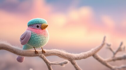 A bird is sitting on a branch with pink and gray yarn