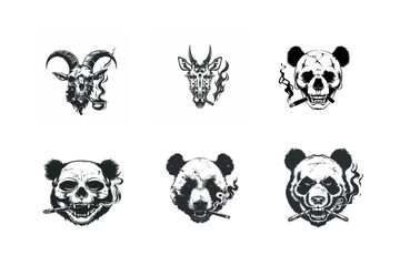 Six animal skull and smoking animal heads illustrations