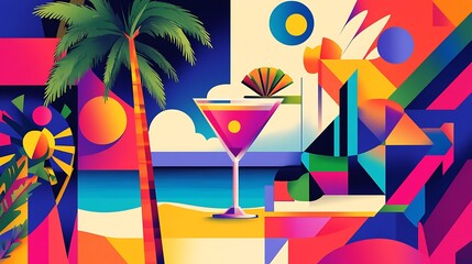 Colorful abstract illustration of a cocktail and tropical scene.