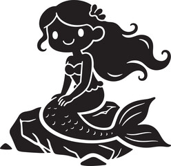 Mermaid sitting on rock silhouette, Cute sea fairy black white design