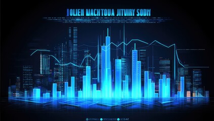 Futuristic city skyline with glowing skyscrapers, overlaid with digital data and graphs.  Blue light illuminates the buildings and reflects on a dark surface
