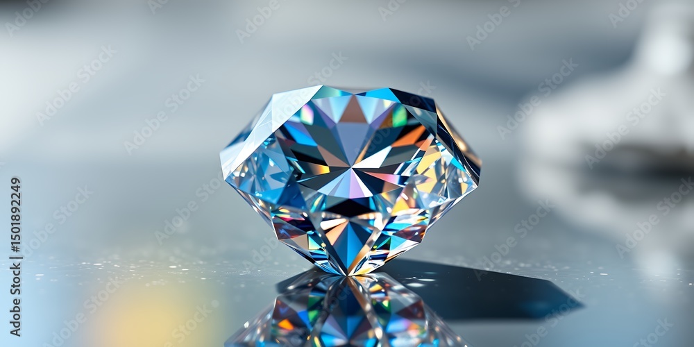Poster a close up shot of a sparkling diamond with many facets on a reflective surface in soft lighting