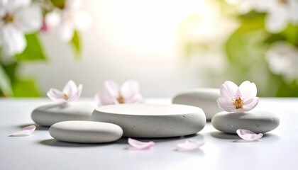 Grey Stones and Pink Blossoms on White Surface