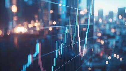 Financial data displayed on a large screen, showing rising stock prices in a blurred cityscape background.  Nighttime urban setting with illuminated buildings