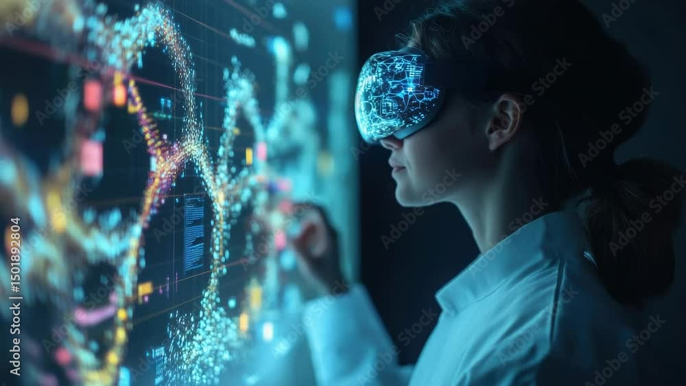 Poster Scientist in lab coat exploring virtual world with VR technology, suitable for tech and innovation illustrations