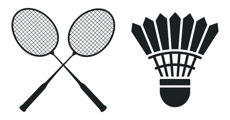 Badminton Rackets and Shuttlecock Icon Set Simple Black and White Graphic Design