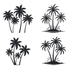 Collection of Black Silhouettes Palm Trees on White Background Tropical Island Paradise Vacation