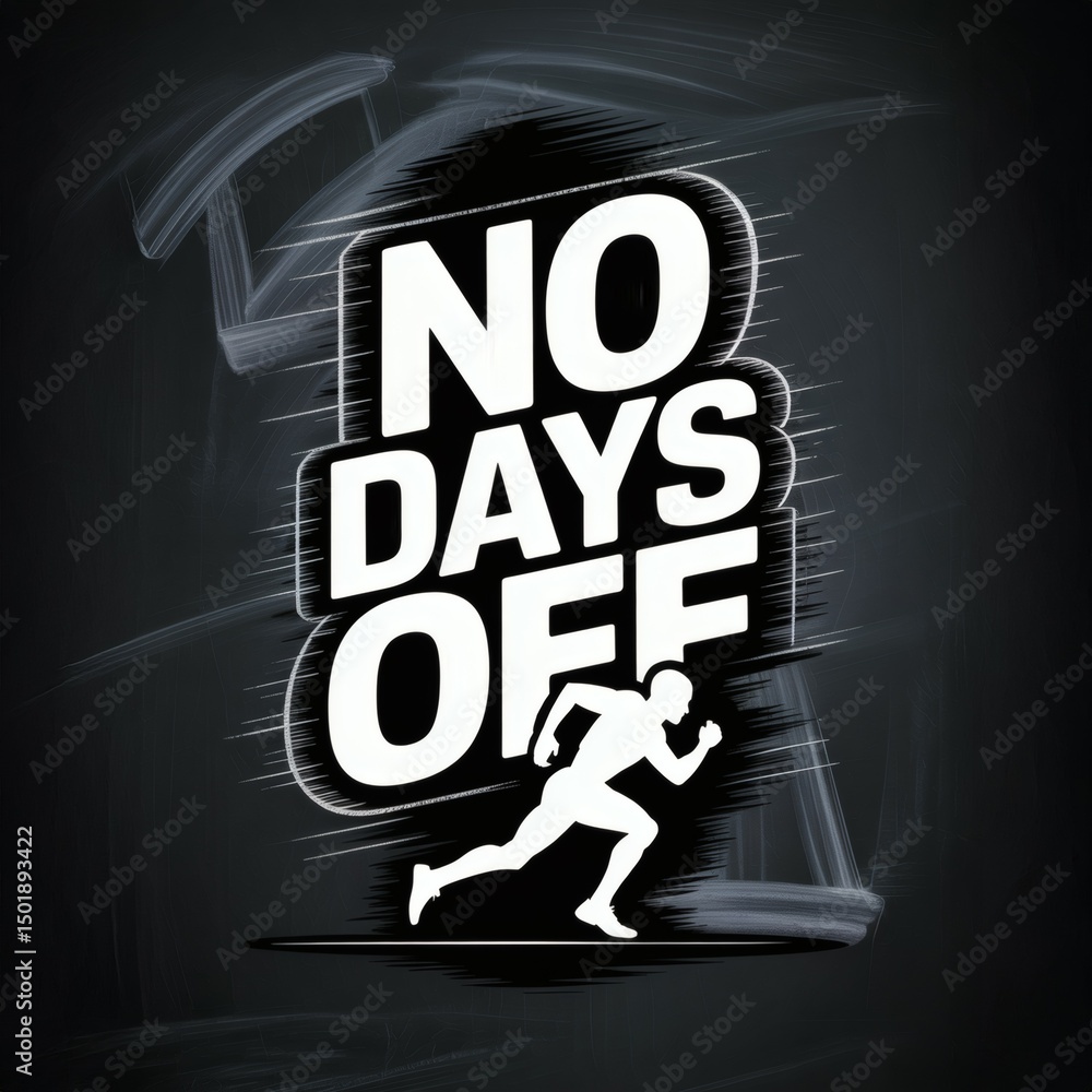 Fototapete dynamic running graphic with bold no days off motivational statement on dark background.