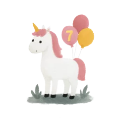 Wall murals Magical Unicorn Celebration: A whimsical watercolor illustration of a unicorn stands gracefully amidst a playful array of balloons. This charming scene evokes a sense of joy and wonder.