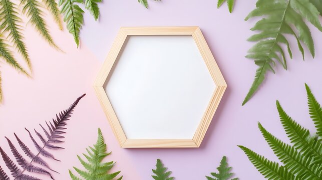 Empty hexagon wooden frame surrounded by fern leaves on a pastel background.