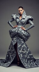 Naklejka premium Woman models an extravagant, sculptural dress crafted entirely from silver duct tape, featuring intricate textures, structural layers, and a dramatic headdress in a minimalist studio setting