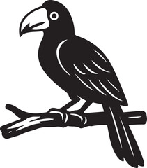 Toucan perched on branch silhouette, Tropical bird flat black and white image