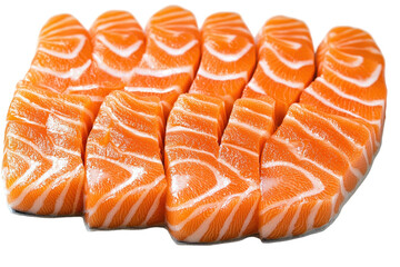 Salmon Slices A vibrant display of fresh fish arranged with care against a white background