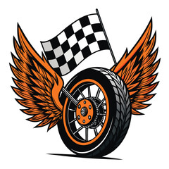 A detailed illustration of a motorcycle wheel engulfed in fiery, feathered wings, incorporating a checkered flag design.