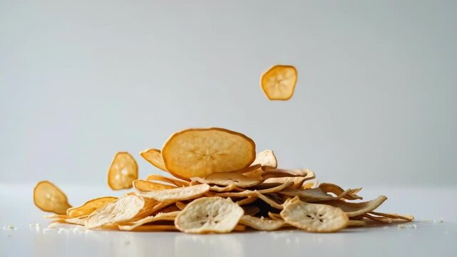 Crispy Cassava Chips Falling in Slow Motion on White Background &ndash; Minimalist Food Concept
