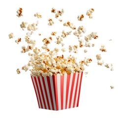 Popcorn exploding from striped box on white background